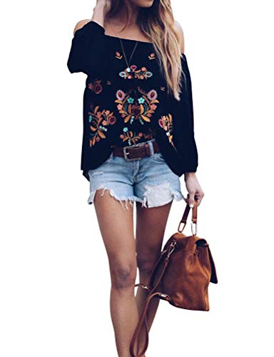 ZXZY Women Embroidered Off Shoulder Long Sleeve Bohemian Floral Blouse Top Tshirt3