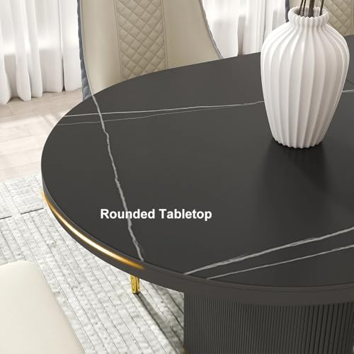 Image of Luxury 6-Seater Nano Composite Marble Top Dining Table - 72 inchx36 inchx30 inch | Black Neno Stone with Charcoal Louver Solid Wood Base & Brass Accents | Modern Elegant Dining Room Furniture