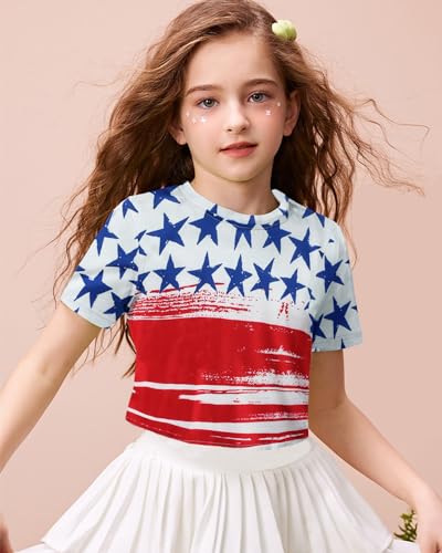 Image of DDSOL Girls July 4th Crop Tops Patriotic Shirt American Flag Short Sleeve Tshirts for Girl 6-14 Years