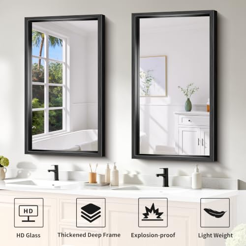 Image of Bathroom Mirror, 20 x 36 inch Brushed Black Rectangle Mirror, 0.6 inch Thickened Deep Metal Frame Rectangular Vanity Mirror, Wall Mounted Mirror for Bedroom Living Room, Horizontal or Vertical