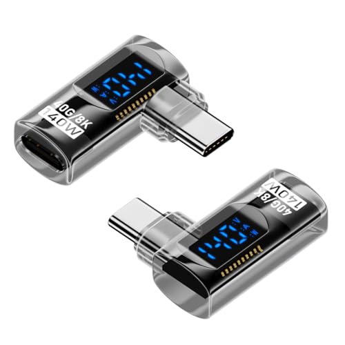 Jadebones 2 Pack 90 Degree USB C Adapter with Digital Display, 140W Right Angle USB-C Male to Female Connector for iPhone 16/15 Series, MacBook, Support Voltage, Current and Power Smart LED Display