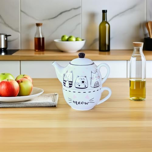Juego de tetera y taza de cerámica apilable con forma de gato 5