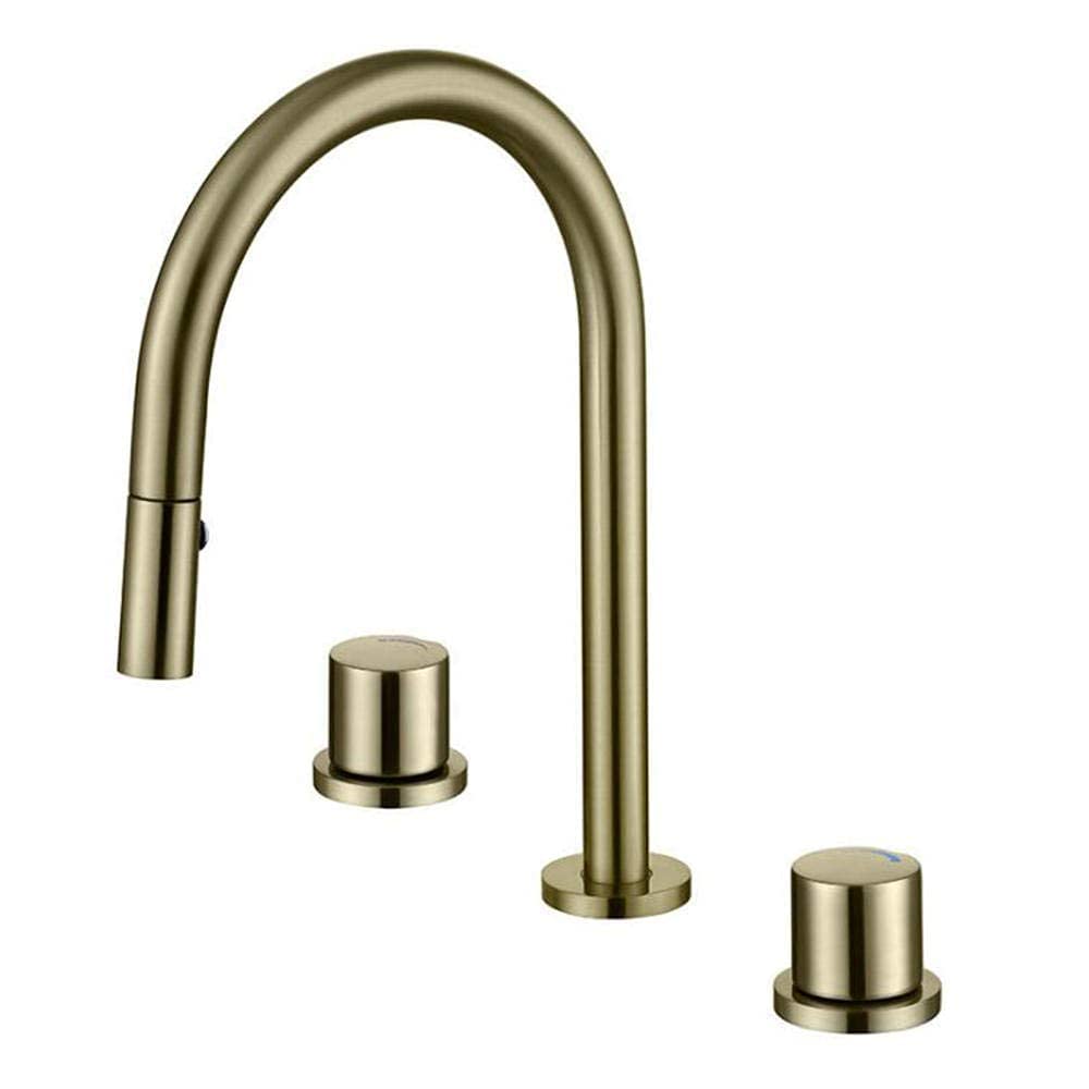 Rubinetto per lavabo da Bagno a 3 Fori in Rame Estraibile, antispruzzo, Interruttore Acqua Calda e Fredda, Controllo Individuale per lavabo - Finitura Oro Spazzolato