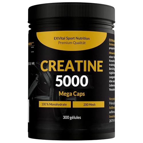 Créatine 5000 Mega Caps, 5000 mg de créatine monohydrate par dose journalière, 300 capsules véganes, 100% pure, Facteur Mesh 200, Végane et testée en laboratoire