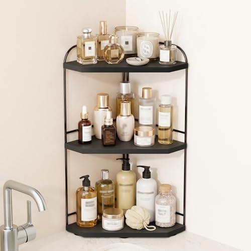 Image of Corner Bathroom Counter Organizer, 3-Tier Wood Countertop Organizer for Perfume, Makeup Storage, Skincare Organizers for Vanity, Counter Corner Shelf for Kitchen, Bathroom, Dresser (Black)