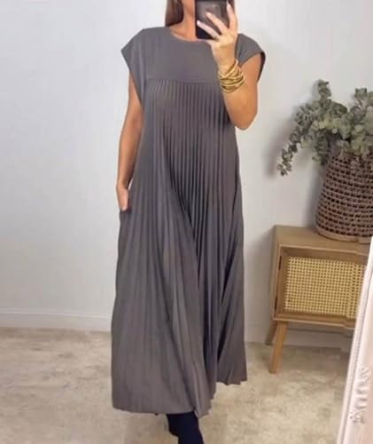 Image of SEMATOMALA Women's Pleated Short Sleeve Maxi Dress Crewneck Loose Fit Flowy Swing Long Dress with Pockets