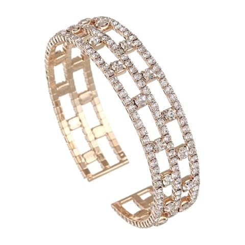 Ecesha Sparkly Tennis Rhinestone Crystal Adjustable Wide Cuff Bracelet & Bangle for Women Bridal Wedding Party Prom (3 Rows & Gold Plated, Suitable for 6-7" Small Wrists) Cover