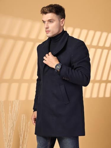 Image of CHKOKKO Men Stylish Long Winter Coat Single Breasted Thigh Length Overcoat with Elegant Spread Collar & Practical Front Side Pockets for Formal or Semi-Formal Occasions