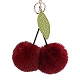 8CM Cute Cherry Leaves Keychain Pendant Women Key Ring Holder Pompoms Key Chains (Wine red, one)