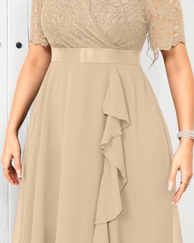 Image of Talisea Plus Size Wedding Guest Dress - Formal Cocktail Party Ruffle Elegant Tea Length Lace Chiffon V Neck Midi Dresses