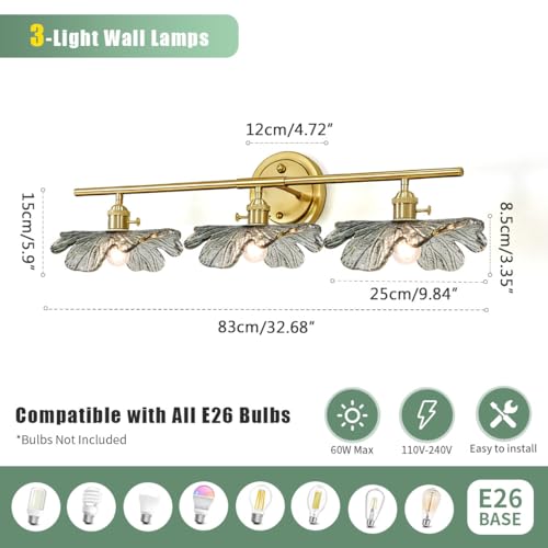 Image of 3 Light Bathroom Vanity Light Vintage Wall Sconce Gold Vanity lighting fixtures Over Mirror mid Century Modern Wall lamp with Dark Green Glass Shade Indoor Wall Light for Bedroom Hallway Living Room