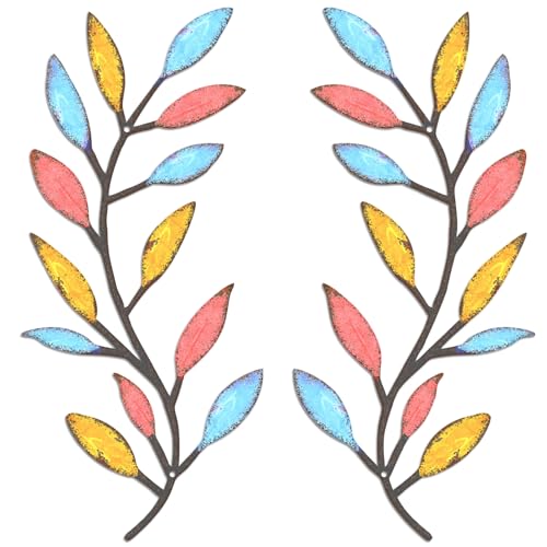 Image of Zhengmy 2 Pieces Metal Tree Leaf Wall Decor Vine Olive Branch Leaf Wall Art Living Room, Hallway Wall Decor Outdoor Decoration (Spring Colors)