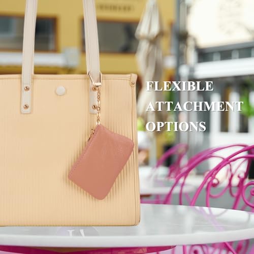 Image of Full Grain Leather Coin Purse with Key Chain - Small Change Purse Keychain Card Holder Keychain Pouch Small Keychain Wallet for Women and Men (Pink)