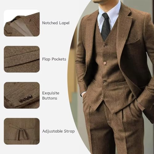 Men's Tweed Herringbone Suit 3 Piece Retro Slim Fit Prom Wedding Groom Tuxedos Set Brown Blazer Vest Pants2