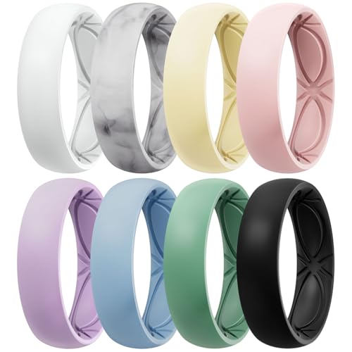 Image of Egnaro 4 /5 /8 Variety Multipack Ergonomic Breathable Bridal Rings Sets, 6mm Wide - 2mm Thick Rubber Wedding bands women, silicone Rings for her with Half Size