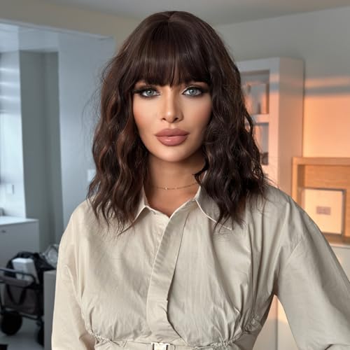 Synthetic Fiber Wigs, Shoulder-Length Short Curly Hair with Bangs in