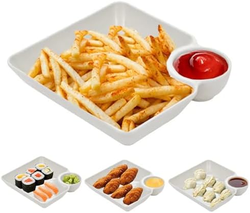 4 Pcs Chips and Salsa Serving Dish Plates, Veggie Platter Dipping Serving Trays with Sauce Rack for Buffet Family Party Appetizer Sushi Taco Salsa Charcuterie Barbecue Plate, Reusable (White 4PCS)