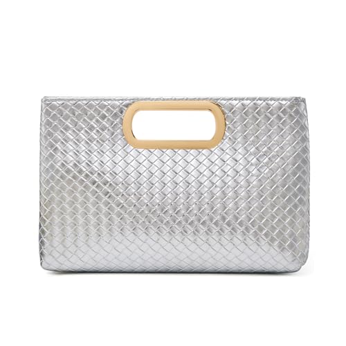 MUDUO Women's Woven Evening Bag Casual Leather Shoulder Handbag Fashion Clutch Purse (Silver-BZ047)
