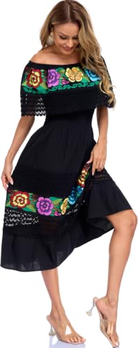 Image of YZXDORWJ Women Embroidered Mexican Peasant Casual Sexy Lace Off-Shoulder Long Dress