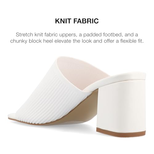 Journee Square Open Toe Chunky Block Heel Knit Slip-On Pump for Women - Lorenna Heeled Fashion Mule White, 64