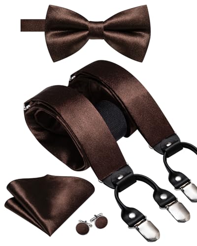 Image of Dubulle Suspender and Bow Tie for Men Paisley Solid Mens Suit Braces Pretied Bowtie and Handkerchief Cufflinks Formal Wedding
