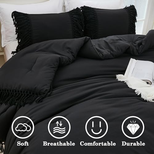Image of Andency Black Comforter Set California King, 3 Pieces Boho Tassel Lightweight Soft Bedding Comforter Sets for King Bed, All Season Fluffy Fringe Bed Set (104x96In Comforter & 2 Pillowcases)