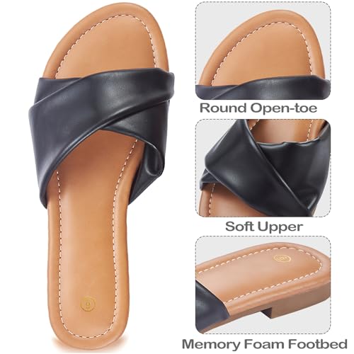 Image of Women's Flat Sandals Round Open Toe Comfortable Fashion Cute Ladies Slides Sandals Women Dressy Summer Flat Leather Casual Fashion Beach Shoes Size 6-11