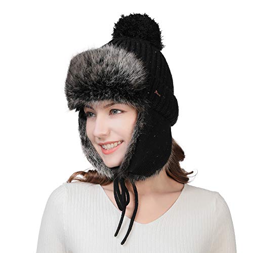 Comhats Womens Winter Wool Trapper Hunting Hat Ear Flaps Faux Fur Russian Ushanka Cold Weather Ski Bomber Knit Black