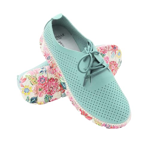 Zerimar Mocasines de Piel para Mujer con Suela de Flores   Bailarinas Elegantes y Cómodas   Calzado Femenino con Estilo y Confort   Celeste, Talla 41