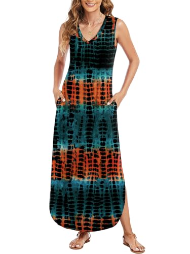 Image of Arolina Maxi Dress for Women Tropical Summer V Neck Sleeveless Split Long Beach Dresses Casual Loose Sundress with Pockets