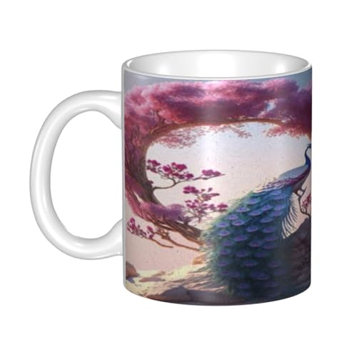 マグカップ - セラミックコーヒーカップ、ミルクカップ、(330ml) - 耐熱性と耐冷性、大容量、軽量、環境に優しい - ギフト選択(ハート型の木の美しい木の隣にいる孔雀のカップル)