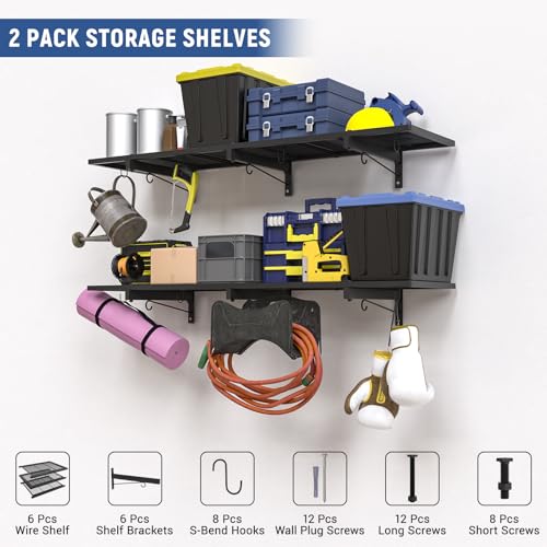 Image of 2 Pack Garage Wall Shelf, Heavy Duty Garage Shelving, 46 inchX 12.5 inch Wall Mounted Floating Shelves, Metal Hanging Storage Rack with 8 Hooks, Utility Organizer Max Load 320 LBS for Laundry Room, Workshop