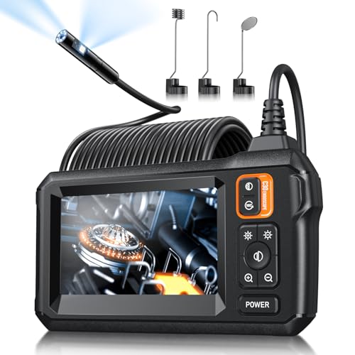 Image of Endoscope Camera with Light, Inspection Borescope Camera with 4.3 inch IPS Screen, 1920P HD with 8 LED Lights, 32.8FT Semi-Rigid Cord Bore Scope, IP67 Waterproof Endoscope for Sewer, Dual Lens(Orange)