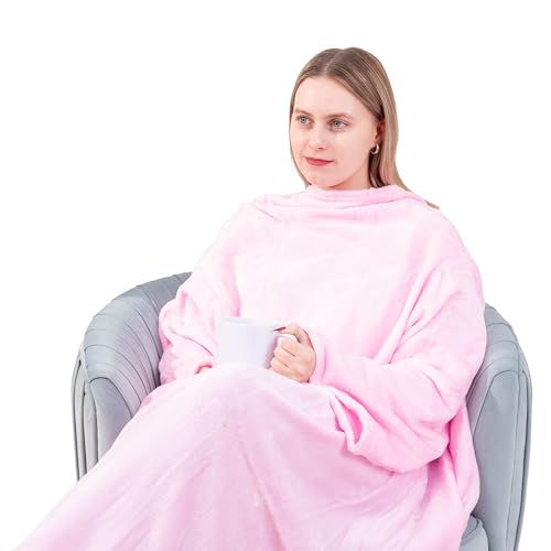 Made in Gift Batamanta Suave con Mangas – Talla Única – Manta de Cuerpo Entero para Casa – Colores Granate, Azul, Celeste y Rosa – Cómoda y Caliente para Sofá o Cama (Rosa)