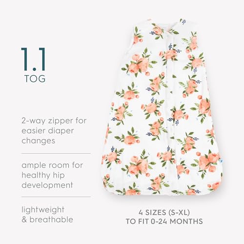 Image of Little Unicorn 6-12 Month Premium Muslin Sleep Sack 1.1 TOG | Soft & Breathable Muslin Cotton for safer sleep | 2 way zipper (Watercolor Roses)