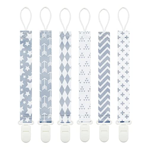 Image of Babeine Neutral Grey Pacifier Clips, 6 Pack Pacifier Holder Clips for Boys and Girls Fits for Most Pacifiers Brands, Teether Toys and Gift(Arrow)