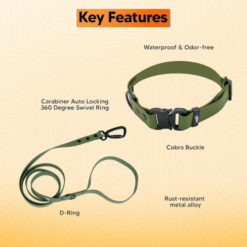 Image of Adil's Biothane Waterproof Dog Collar, Dog Leash & Collar Leash Combo | Heavy Duty TPU Coated Webbing | Adjustable Quick Release Buckle | Odour Resistant (Army Green, M-18, Collar & Leash Combo)