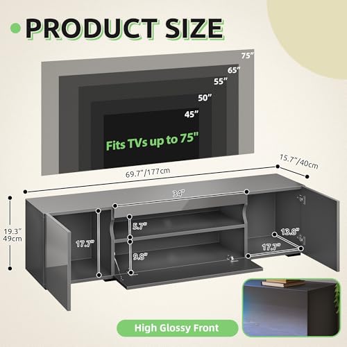 GOOBED TV Stand for 75/70 Inch TV, Modern LED Entertainment Center with Storage, Modern High Glossy Media Console Cabinet for Living Room, Grey