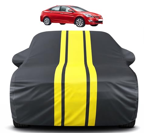 Image of Auto Hub Car Cover Compatible with Hyundai Verna Fluidic (Model : 2013-2017) with Mirror Pocket, Soft Cotton Lining, Verna Fluidic Car Cover Waterproof - Yellow-Black