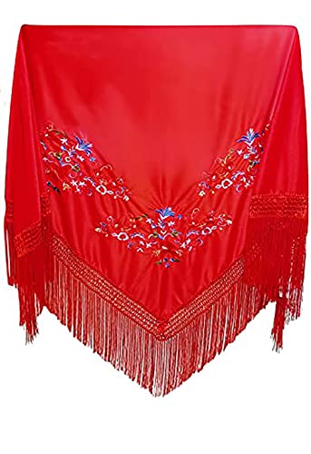 Carnavalife Xaile com bordados de sevilhana para festa de dança, flamenco e feiras, cor preto vermelho e branco, Vermelho, L