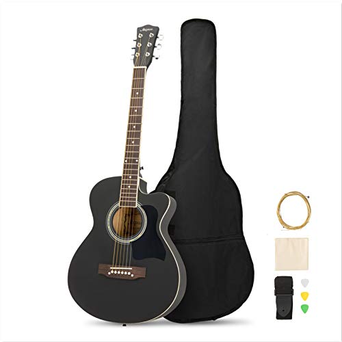 MATICO 39 Inch 6 Strings Acoustic Guitar Student Pack, Handmade Cutaway Basswood Guitar Starter Kit with Accessories, Matte Black