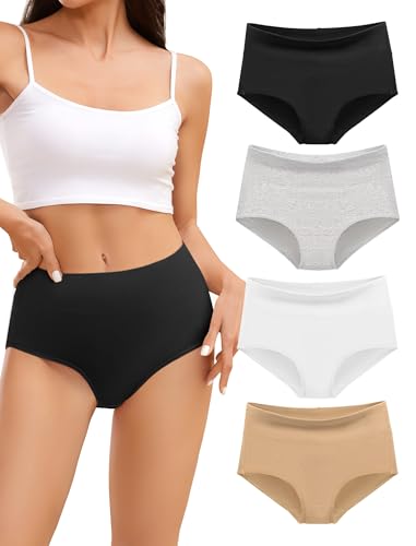 VOENXE Bragas Mujer Algodon,Braguitas Postparto Altas Cintura,Ropa Interior Culotte Talle Alto CóModo Suaves,Women's Underwear Cotton Multipack,Pack de 4