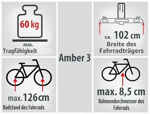EUFAB 11555 Fahrradträger AMBER 3, E-Bike geeignet, teilweise vormontiert, Diebstahlschutz, für 3 Fahrräder, für Anhängerkupplung