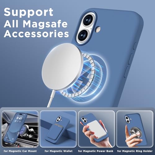 Image of Magnetic for iPhone 16 Case, Compatible with Magsafe, Suction Cup Phone Mount, [2 Screen Protectors][Camera Lens Protector] Silicone Shockproof Protective Slim Phone Cover 6.1 inch, Azure Blue