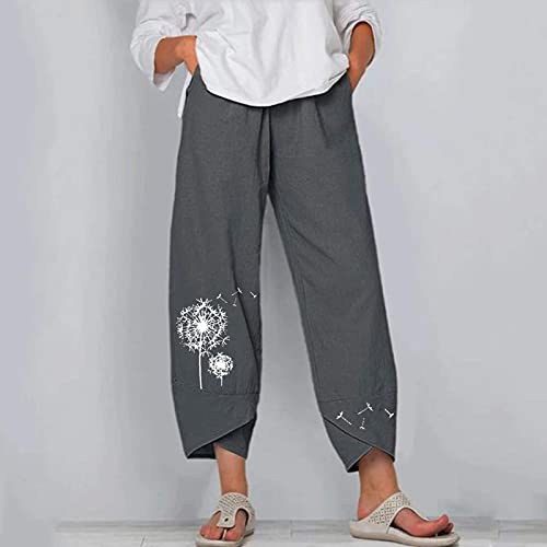 Image of Cotton Linen Capri Pants for Women 2025 Casual Printed Cropped Palazzo Pants Elastic Waist Lounge Baggy Trousers
