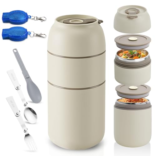 Ecofocet Boîte à Lunch en Acier Inoxydable 650ml, Bento Box Double Couche avec 2 Compartiments, Lunchbox avec Couverts Pliables, Boîte Repas Portable pour...