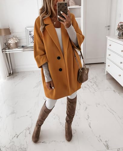 chouyatou Women's 3/4 Sleeve Notch Lapel Wool Coat Single Breasted Wool Blend Trench Pea Coat with Pockets2