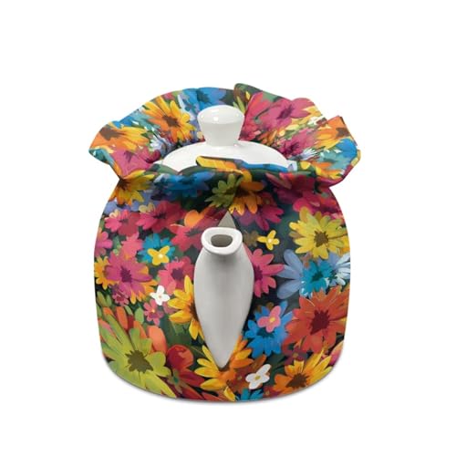 Image of Xoenoiee Cute Cat Vibrant Flowers Print Tea Pot Cosy Cotton Tea Cozy for Teapots Dust Cover Insulated Kettle Cover Teapot Warmer for Home Kitchen Decorative Accessories
