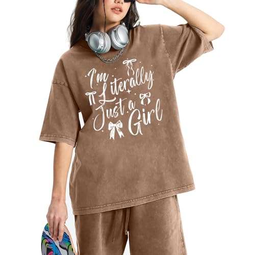 I'm Literally Just A Girl T-Shirt Women Vintage Oversized Acid Wash Top Brown