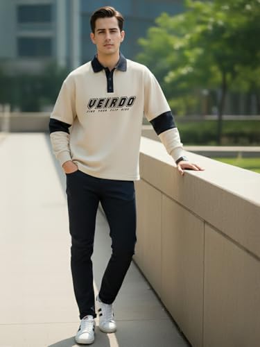 Image of Veirdo Men's Oversized Loopknit Cotton Polo Neck T-Shirt | Oversized Baggy Fit Full Sleeve Casual Streetwear Top with Ribbed Cuffs S-XXL